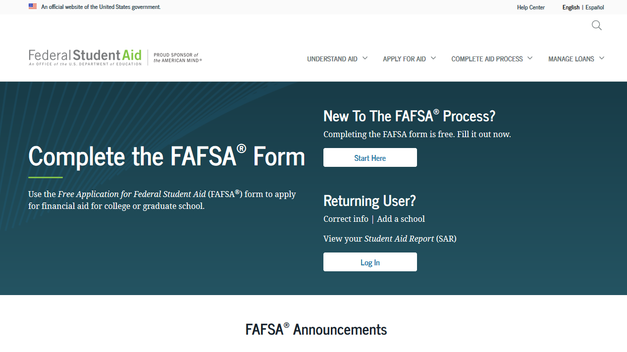 Screen shot of the FAFSA web page