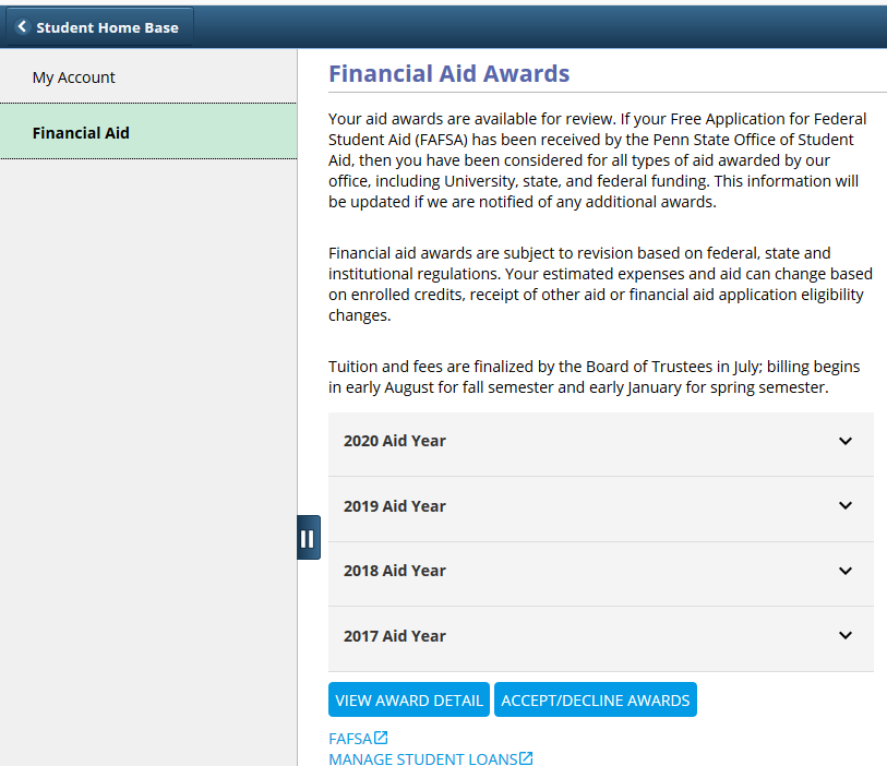 Financial Aid Awards listing in LionPATH