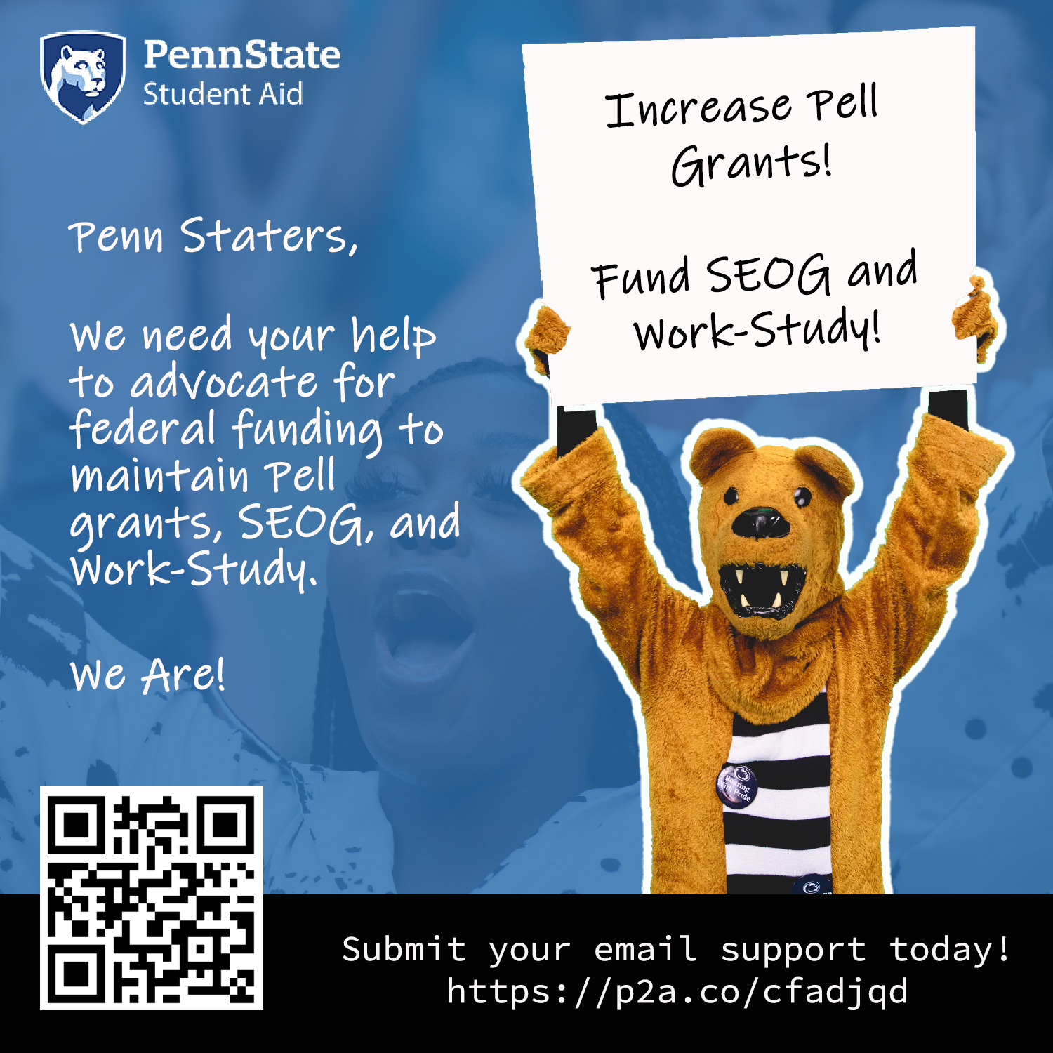 Penn State Lion Mascot holding a sign that says "Increase the Pell" and "Save SEOG and Work-Study".
