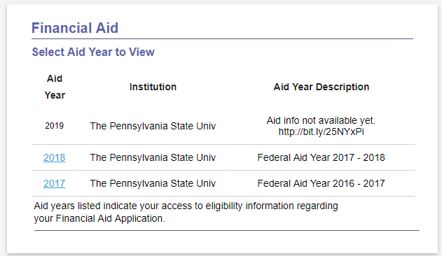 Select Aid Year to View in LionPATH with "Aid Info not available" message