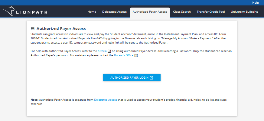 LionPATH Screenshot Authorized Payer Access