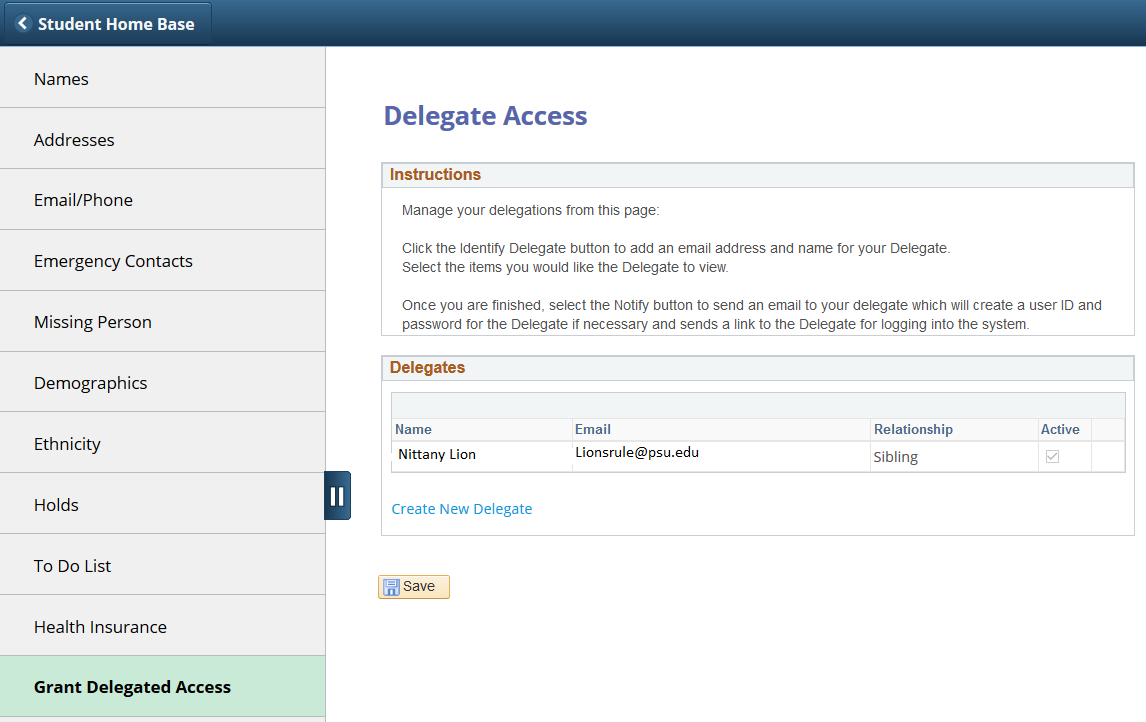 Screenshot of Delegate Access in LionPATH