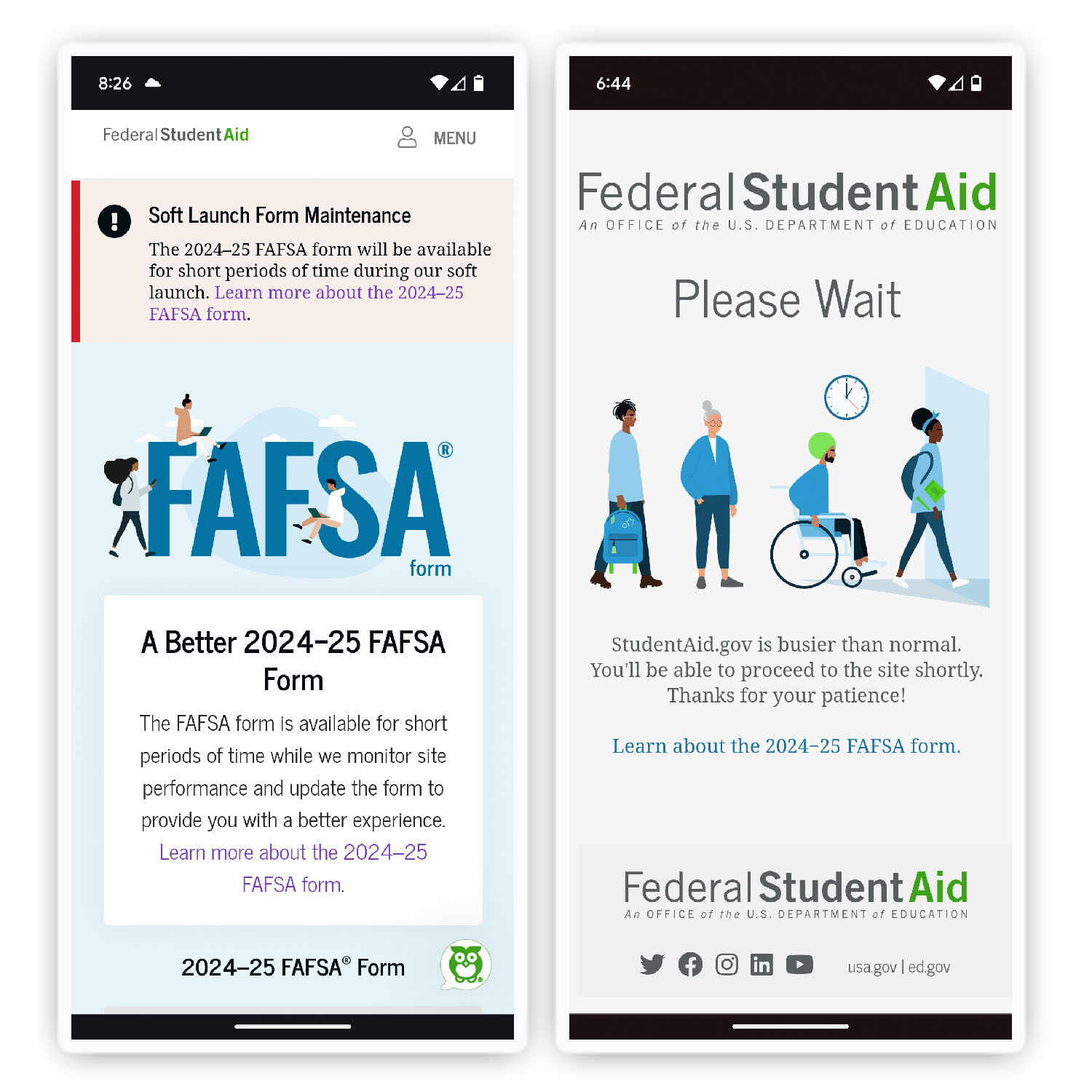 Smart phone screenshots of FAFSA form website.