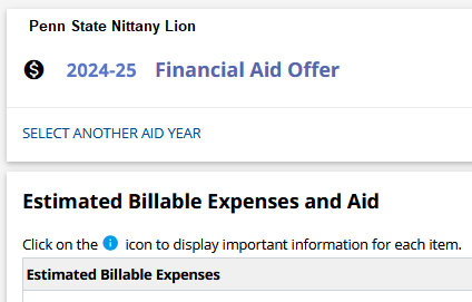 Snapshot of Financial Aid offer in LionPATH.