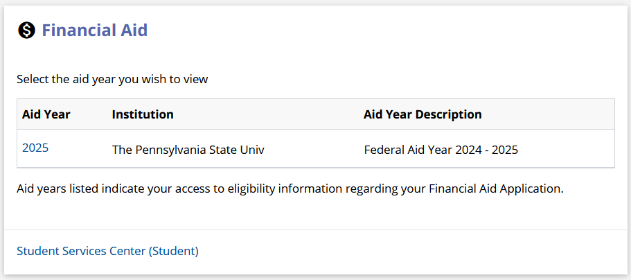 FInancial Aid select aid year image from LionPATH.