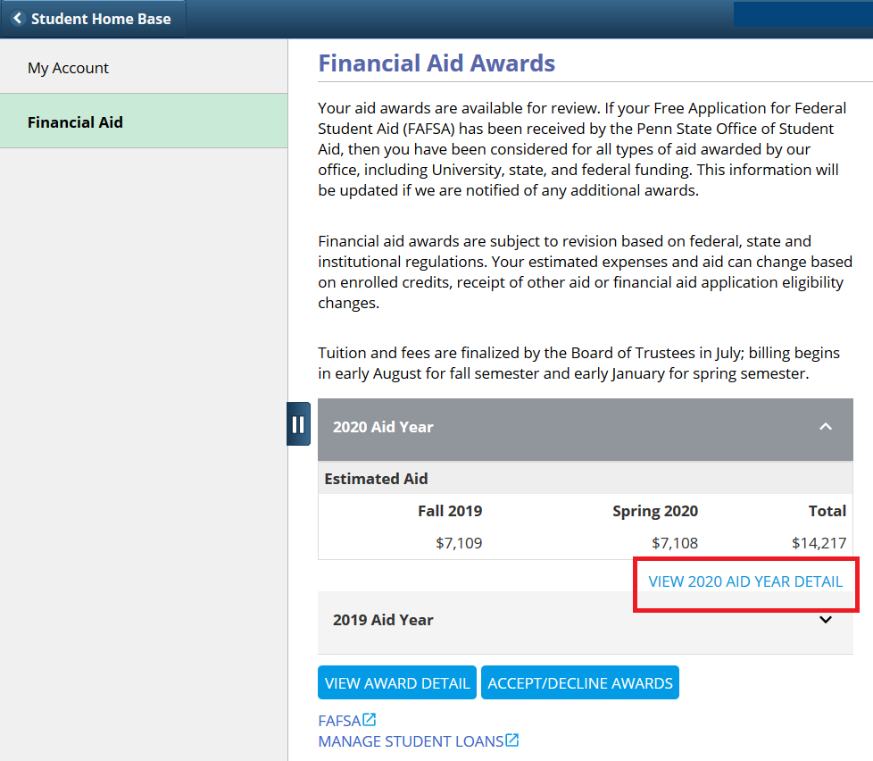 Screenshot of Financial Aid Awards tab in LionPATH