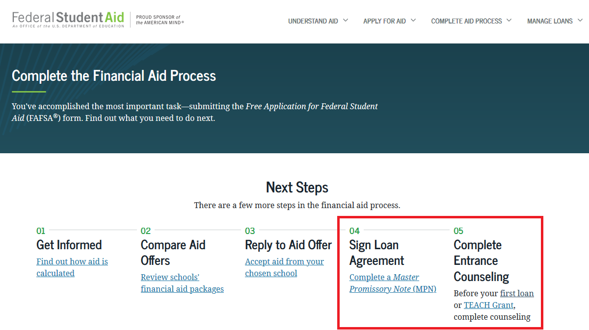 Screenshot of studentaid.com MPN and Loand Entrance