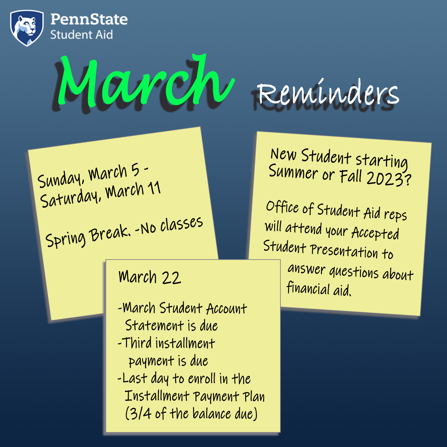 Financial Aid related reminders for March.