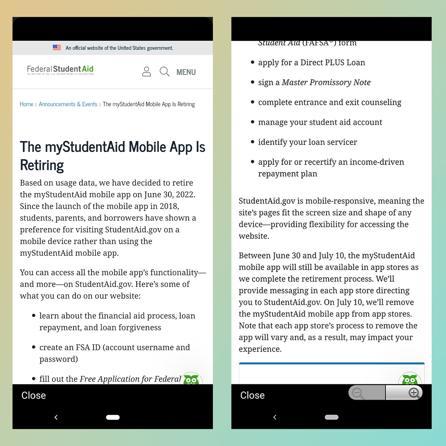 Announcement that MyStudentAid app to be retired 6-30-22.