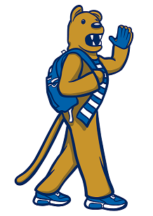 Cartoon drawing of Nittany Lion Mascot with backpack.