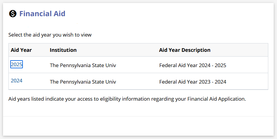 Select Aid Year option from LionPATH.