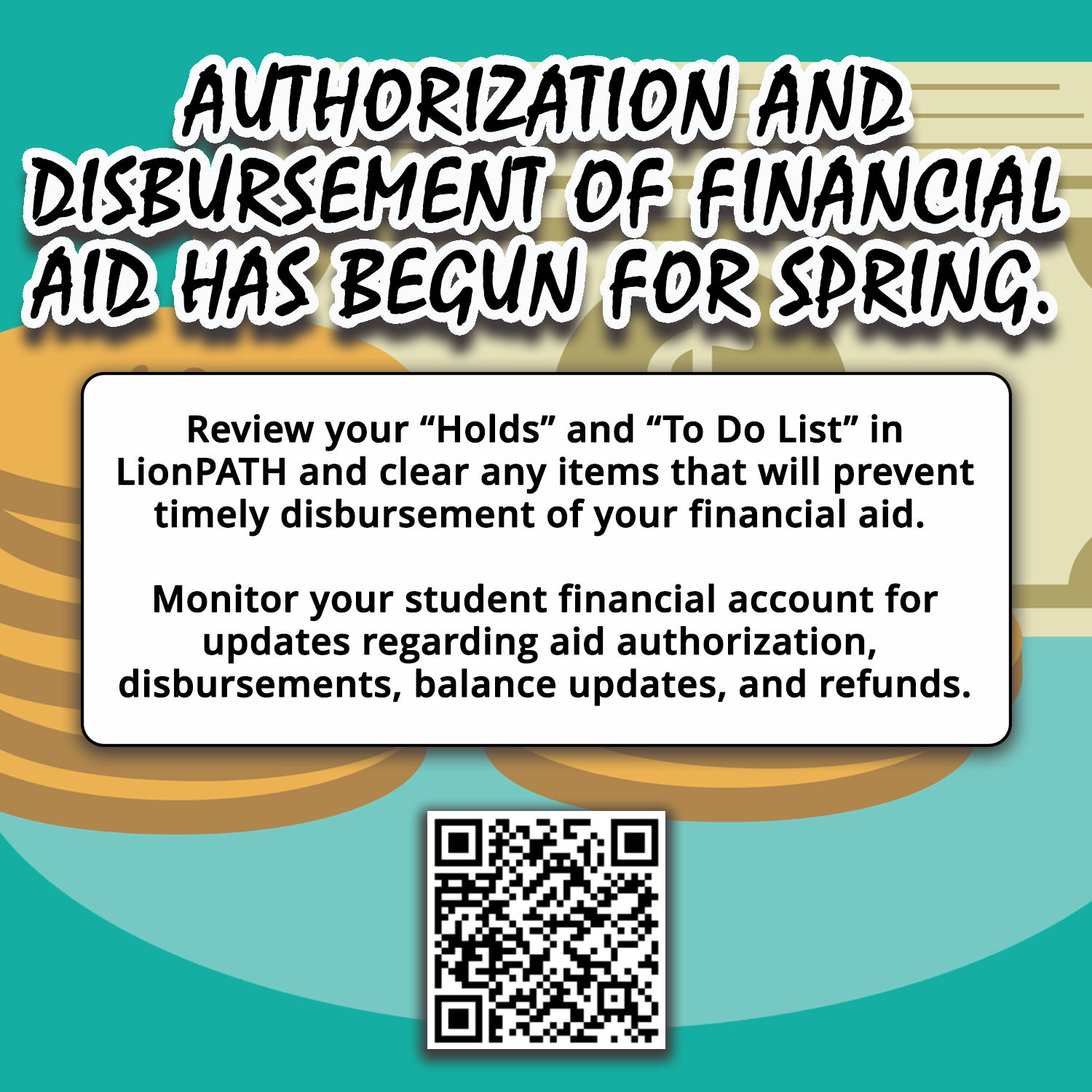 Spring Financial AId Authorization and Disbursement. Image of money.