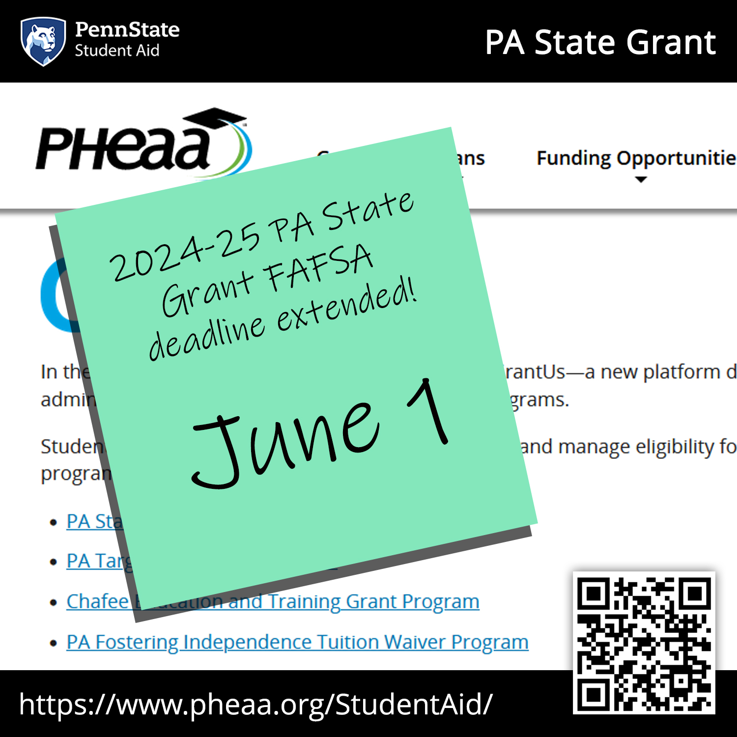 PHEAA GrantUS website and sticky note.
