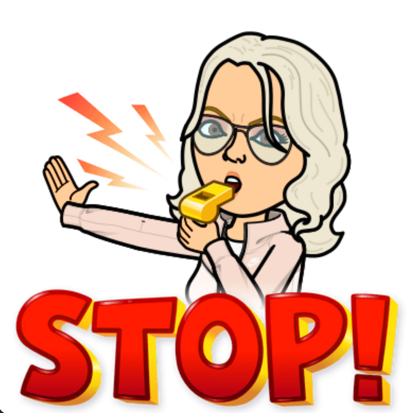 Bitmoji character blowing a wistle and motioning to stop.