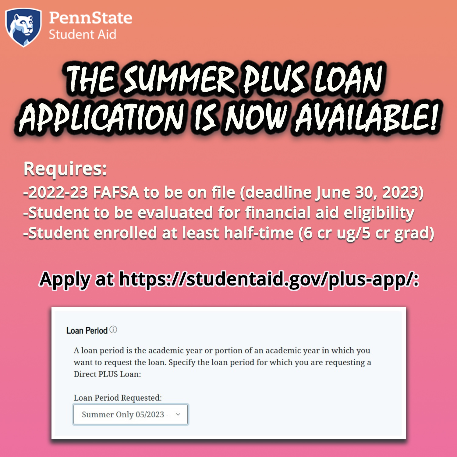 PLUS loan application showing 'Summer Only 05/2023'.