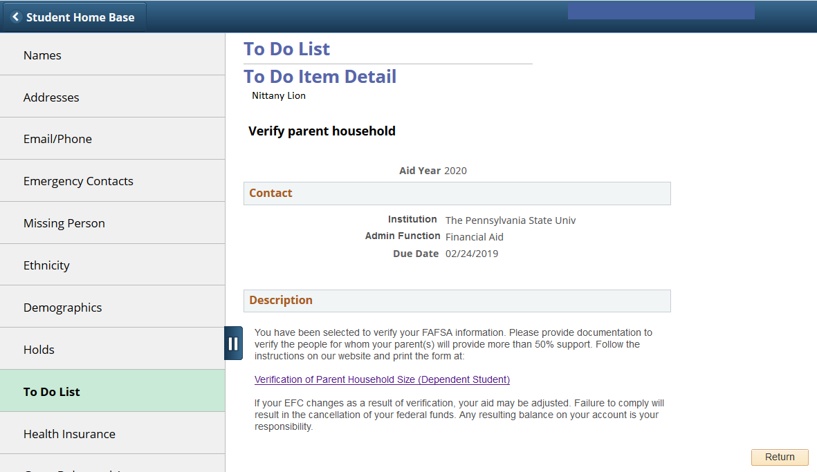 Screenshot of To Do List Item Detail in LionPATH