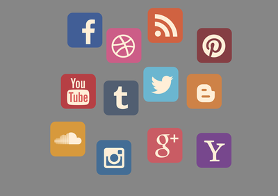 Various social media buttons on gray background